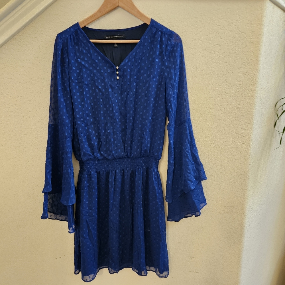 WHITE HOUSE BLACK MARKET Swiss Dot Royal Blue Bell Sleeve Mini Dress Size 8